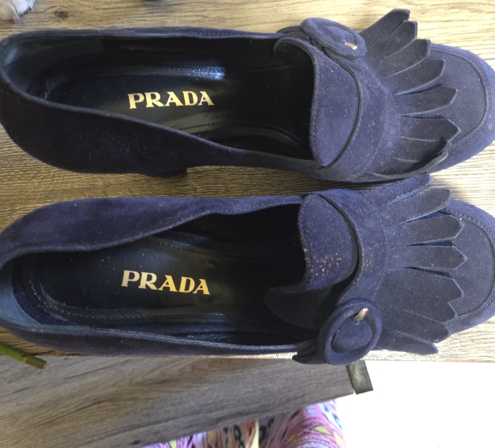 Prada Women's Dark Blue Suede Fringe Loafers
